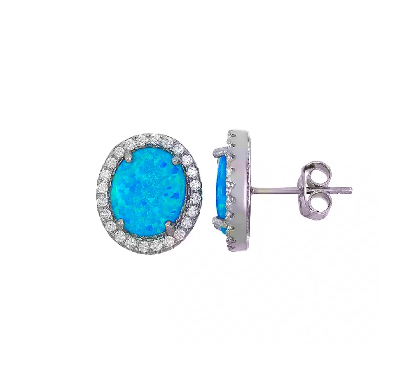 yellow gold earrings for women-Cubic Zirconia Blue Opal Sterling Silver Stud Earring (Silver)