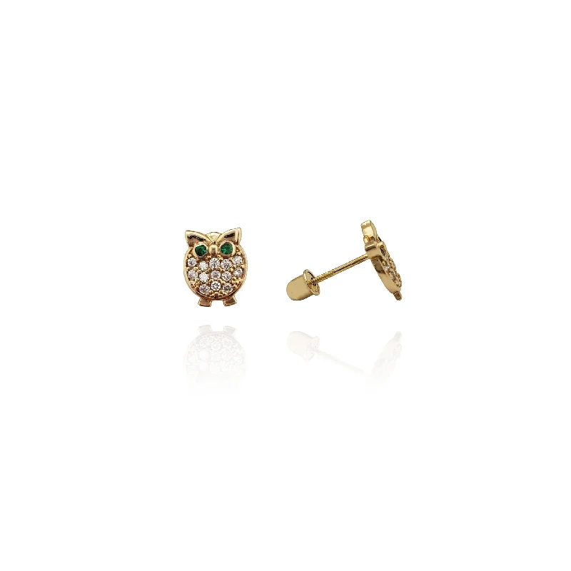 pearl drop earrings for women-Iced-Out Owl CZ Earrings (14K)