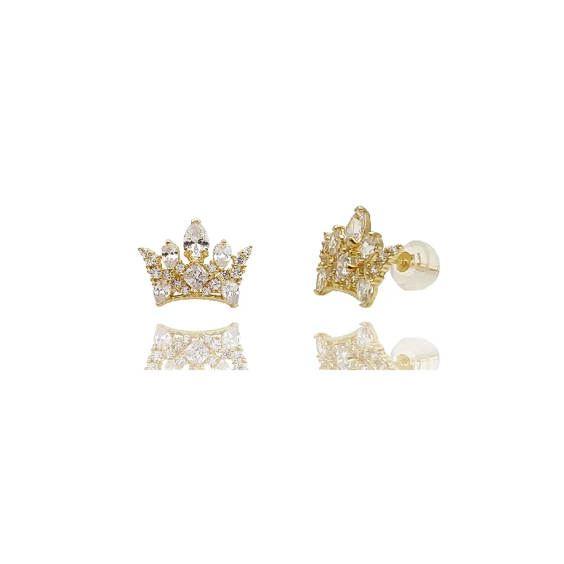 personalized earrings for women-Queen Crown Pave CZ Stud Earrings (14K).