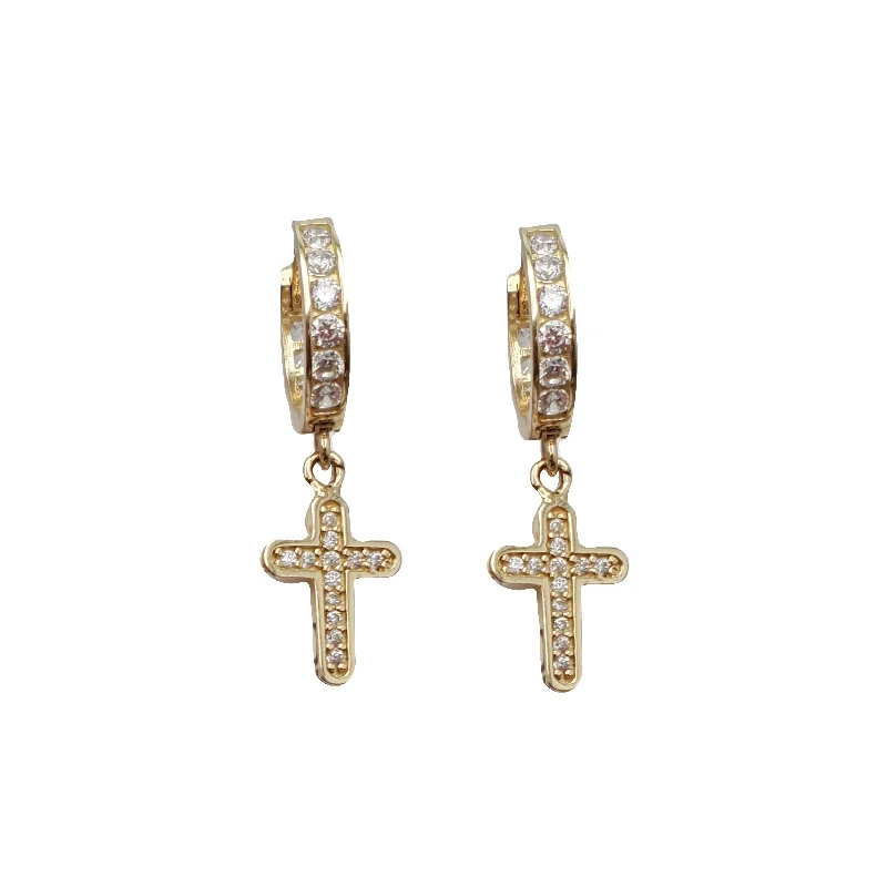 fashion stud earrings for women-Dangling Cross CZ Huggie Earrings (14K)