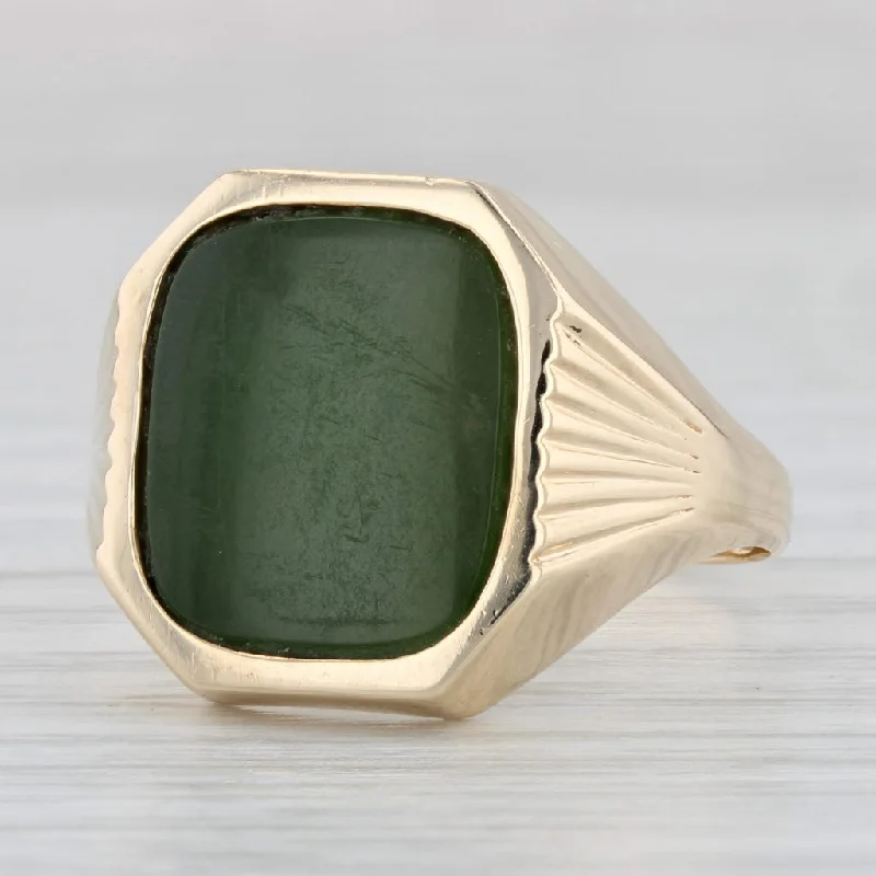 antique-style engagement rings for women-Vintage Green Nephrite Jade Ring 10k Yellow Gold Size 11 Falcon