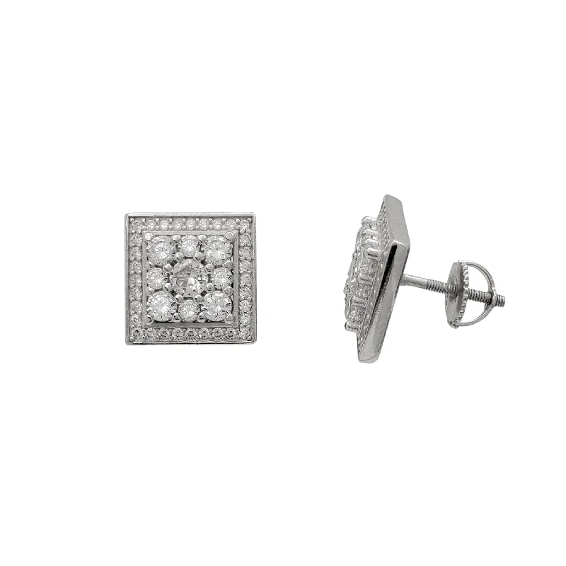 engagement earrings for women-Zirconia Cluster Square Stud Earrings (Silver)