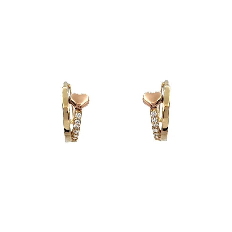 rose gold earrings for women-Zirconia Two-Tone Heart Huggie Earrings (14K)