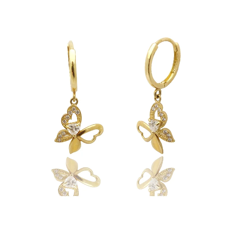 luxury earrings for women-Hanging Butterfly CZ Huggie Earrings (14K).