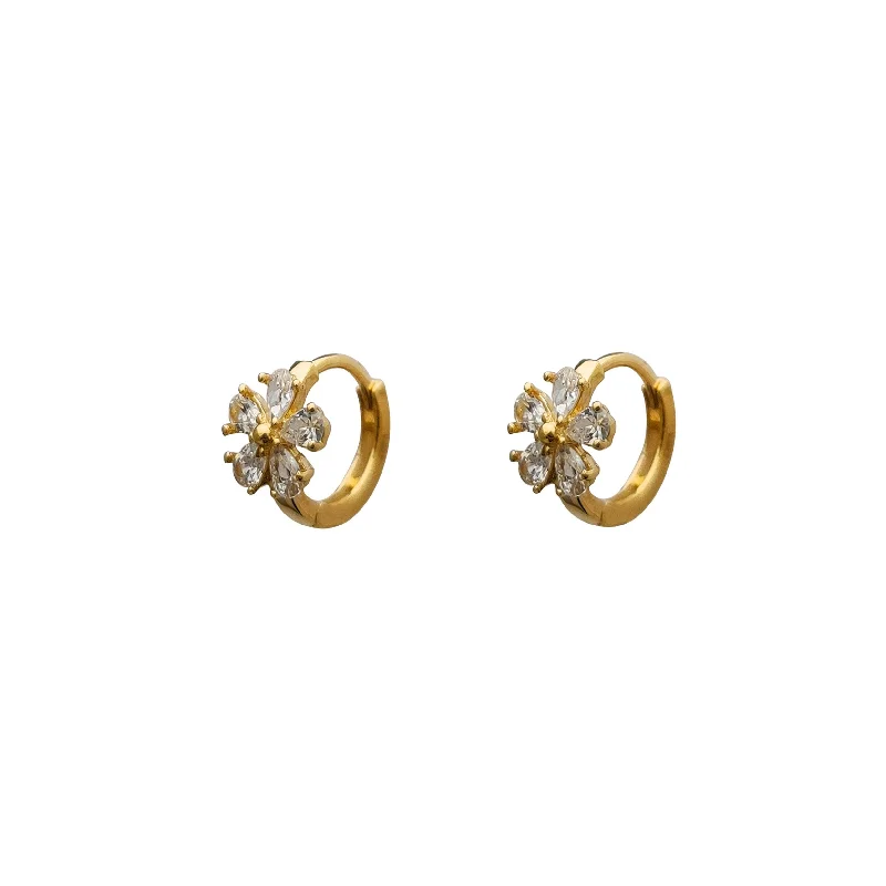 custom hoop earrings for women-Stone-Set Flower Huggie Earrings (14K)