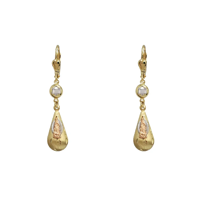 clip-on stud earrings for women-Tricolor Virgin Mary Teardrop Dangling Earrings (14K)