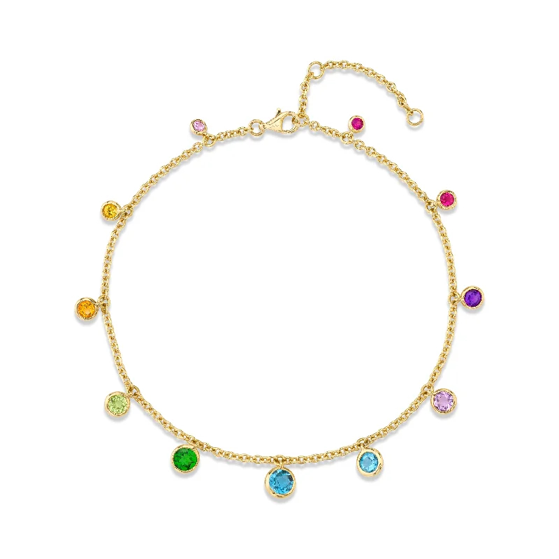 sterling silver ankle bracelets for women-RAINBOW GRADUAL BEZEL DROP ANKLET