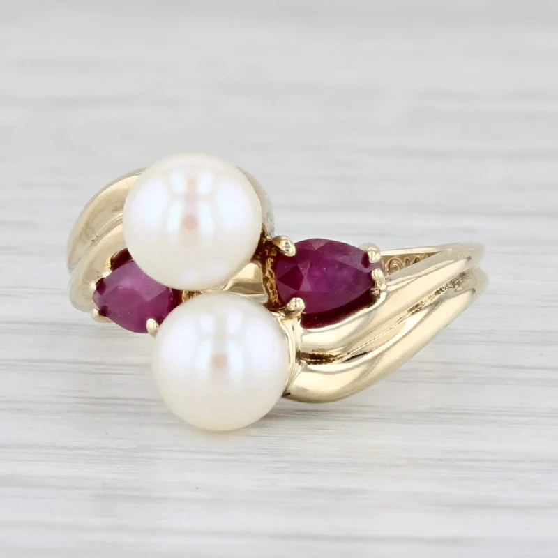 luxury engagement rings for women-Cultured Pearl Ruby Ring 10k Yellow Gold Size 5 Bypass