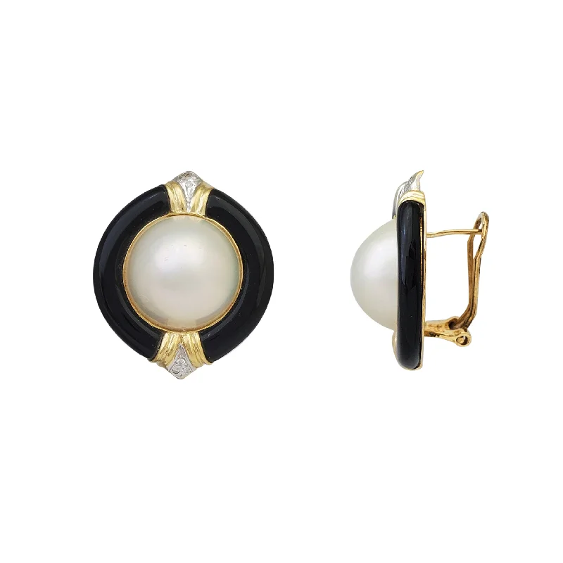 modern stud earrings for women-Black Onyx & Pearl Omega-Back Earrings (14K)