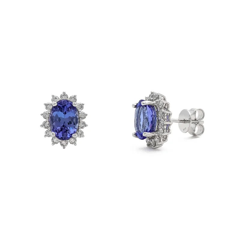 clip-on earrings for women-Oval Tanzanite Diamond Halo Stud Earrings (14K)