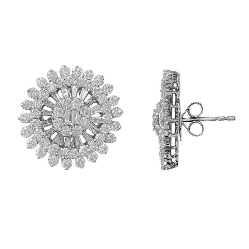 minimalist stud earrings for women-Round & Baguette Diamond Flower Cluster Stud Earrings (14K)