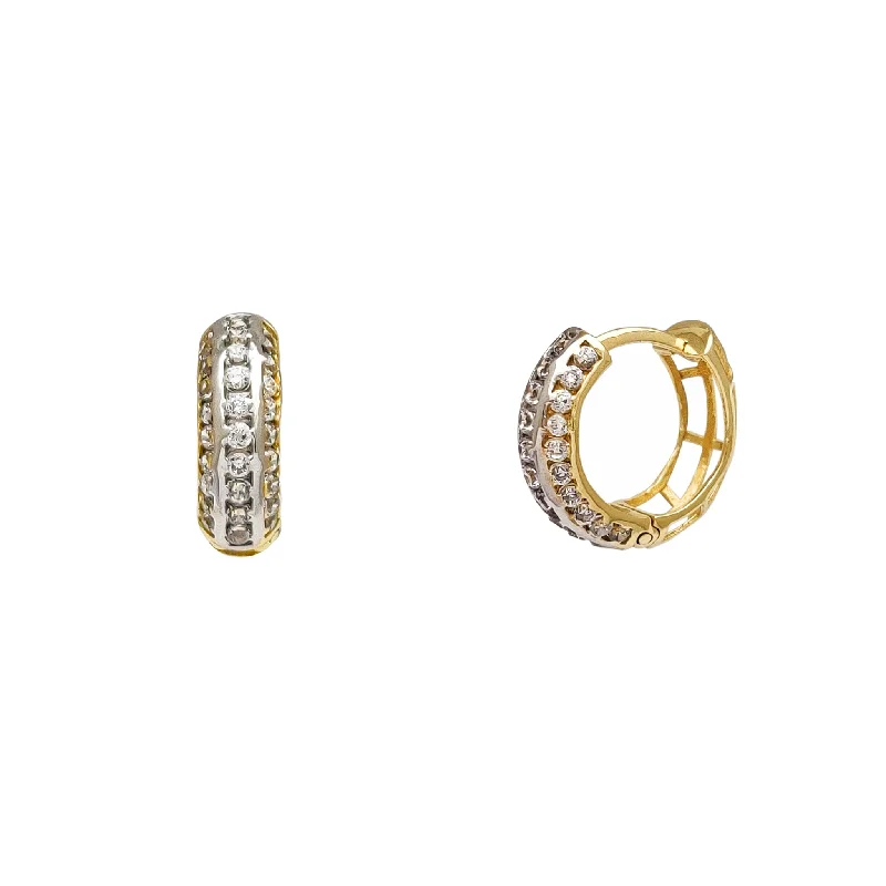 birthday gift earrings for women-Two-Tone Tire Channel CZ Huggie Earrings (14K)