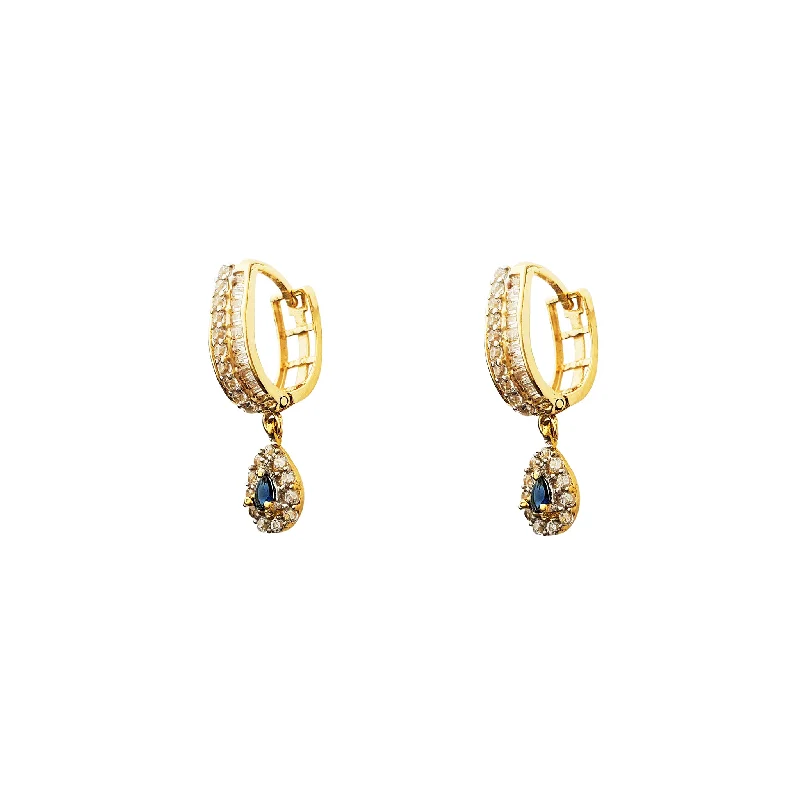 classic earrings for women-Pave Baguettes & Round Teardrop U-Shape Huggie Earrings (14K)