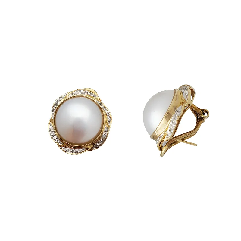 chandelier earrings for women-Diamond Swirl Frisbee South Sea Pearl Earrings (14K)