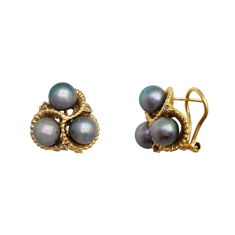 yellow gold earrings for women-Diamond & South Sea Pearl Omega-Back Earrings (14K)