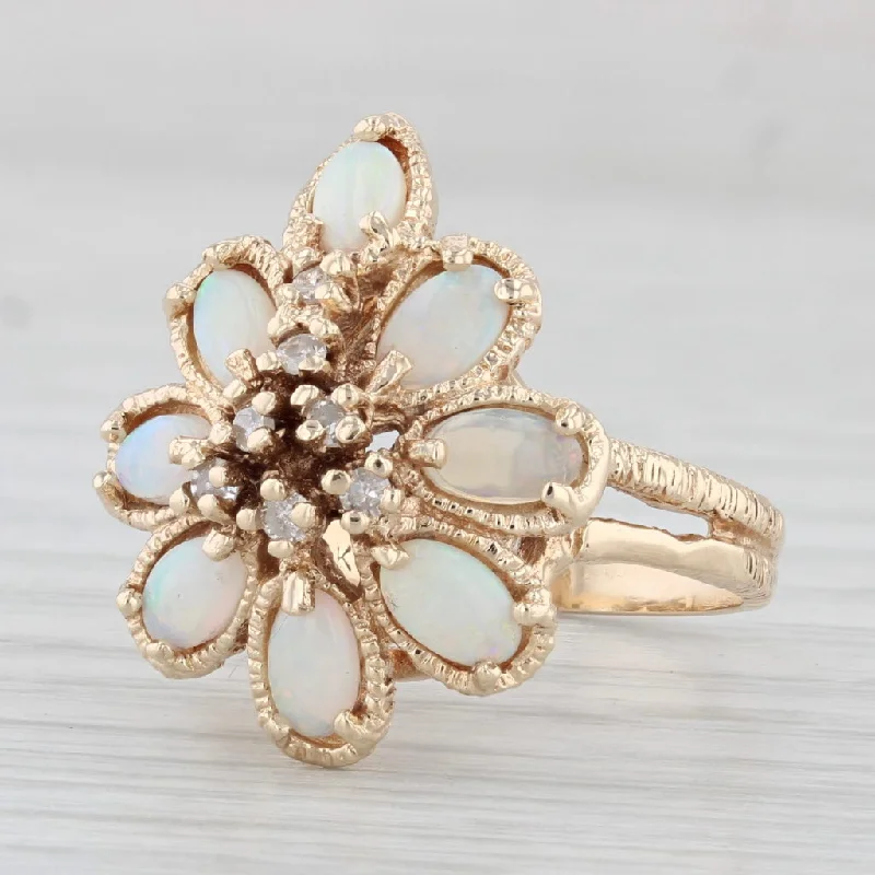 cushion-cut engagement rings for women-Vintage Opal Diamond Flower Cocktail Ring 14k Yellow Gold Size 6.25