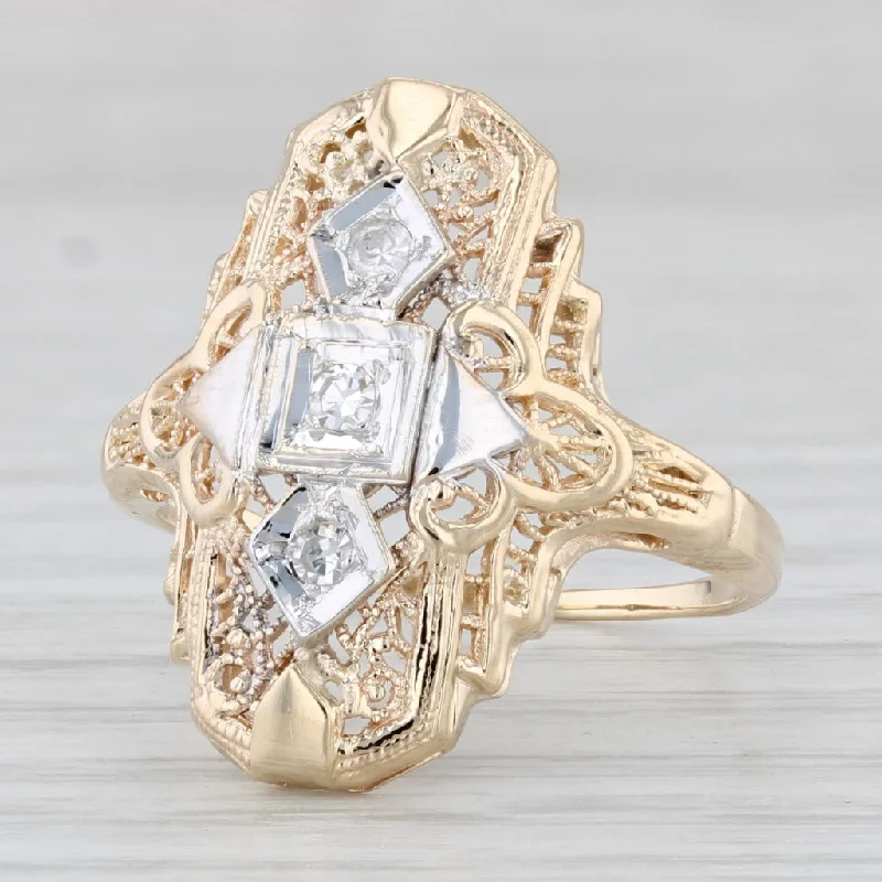 princess-cut engagement rings for women-Vintage Diamond Filigree Ring 14k Yellow Gold Size 7.75