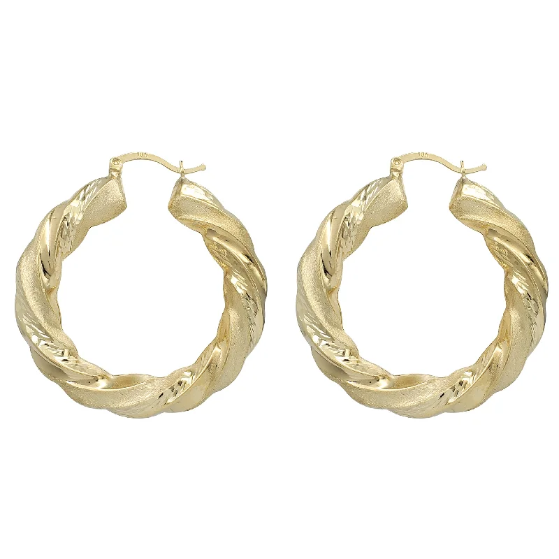 fashion earrings for women-Tri-Textured Twist Hoop Earrings (10K)