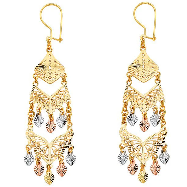 adjustable earrings for women-Tricolor Diamond-cut Chandelier Earrings (14K)