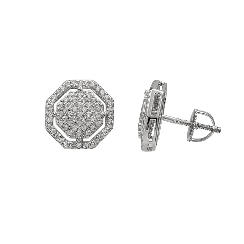 luxury earrings for women-Zirconia Iced-Out Hexagon Stud Earrings (Silver)