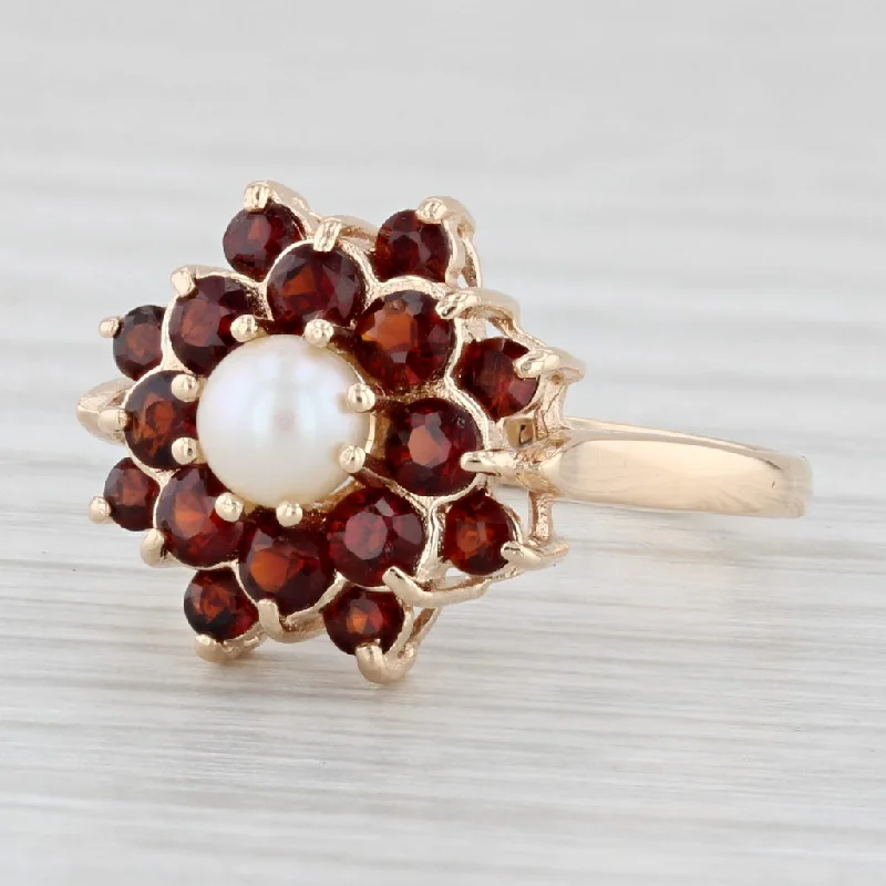 matching engagement rings for women-Cultured Pearl Garnet Flower Ring 14k Yellow Gold Size 6.75