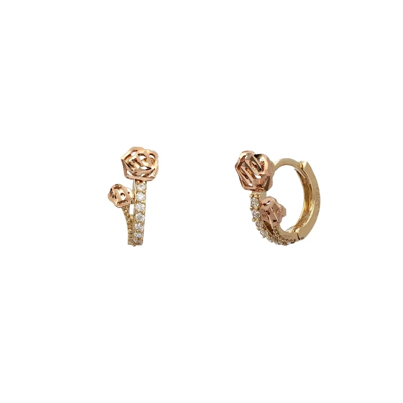 gold drop earrings for women-Zirconia Two-Tone Long Stem Rose Huggie Earrings (14K)