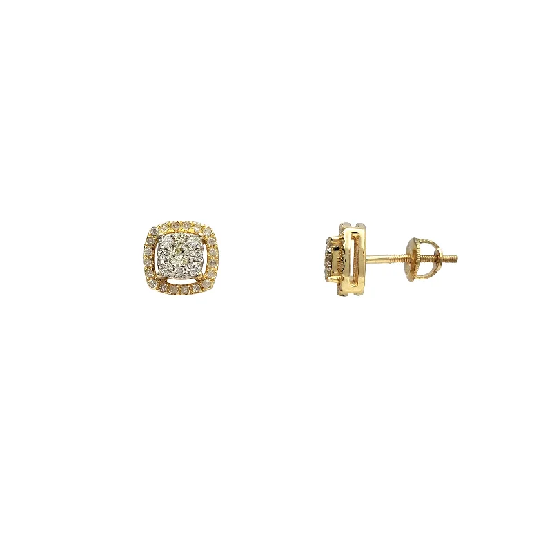 fashion stud earrings for women-Diamond Two-Tone Halo Square Stud Earrings (14K)