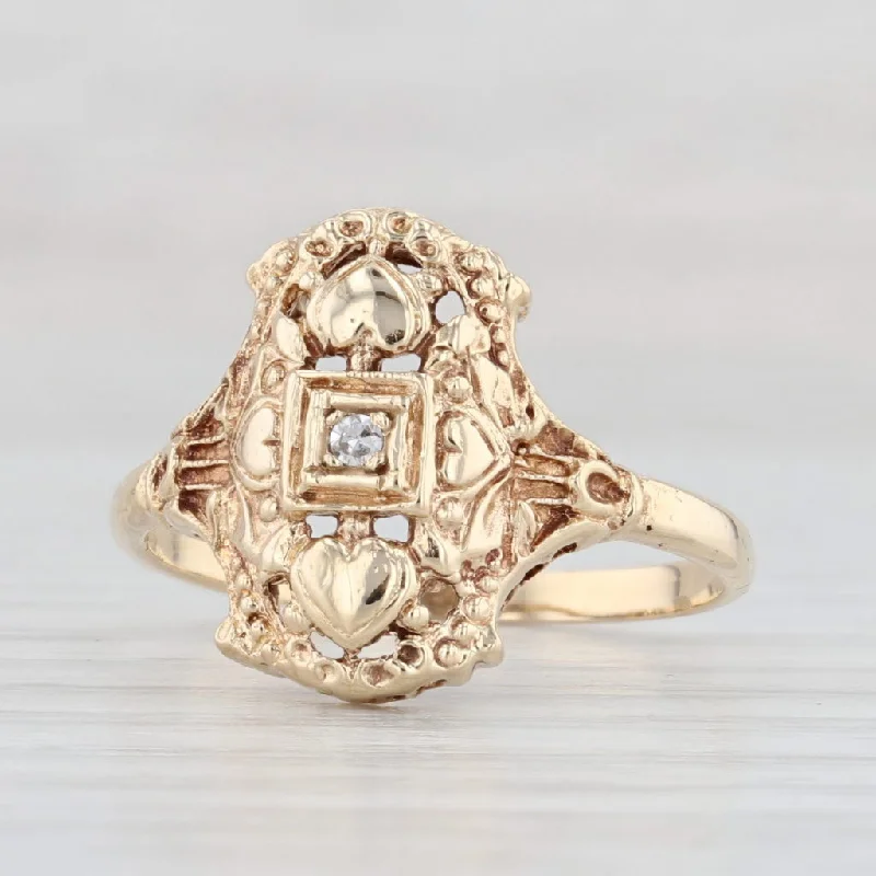 cushion-shaped engagement rings for women-Vintage Diamond Filigree Ring 14k Yellow Gold Size 6.75 Heart Accents