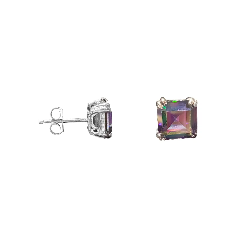 luxury diamond earrings for women-Squared Faux Mystic Topaz Stud Earrings (Silver)