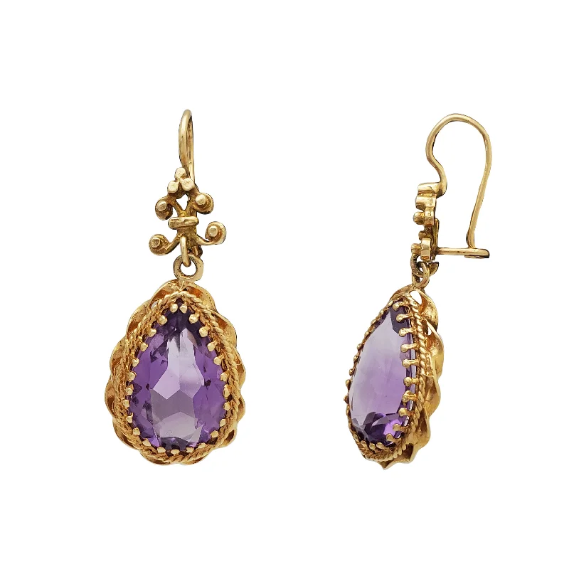 vintage gemstone earrings for women-Rose-Cut Pear Amethyst Drop Earrings (14K)