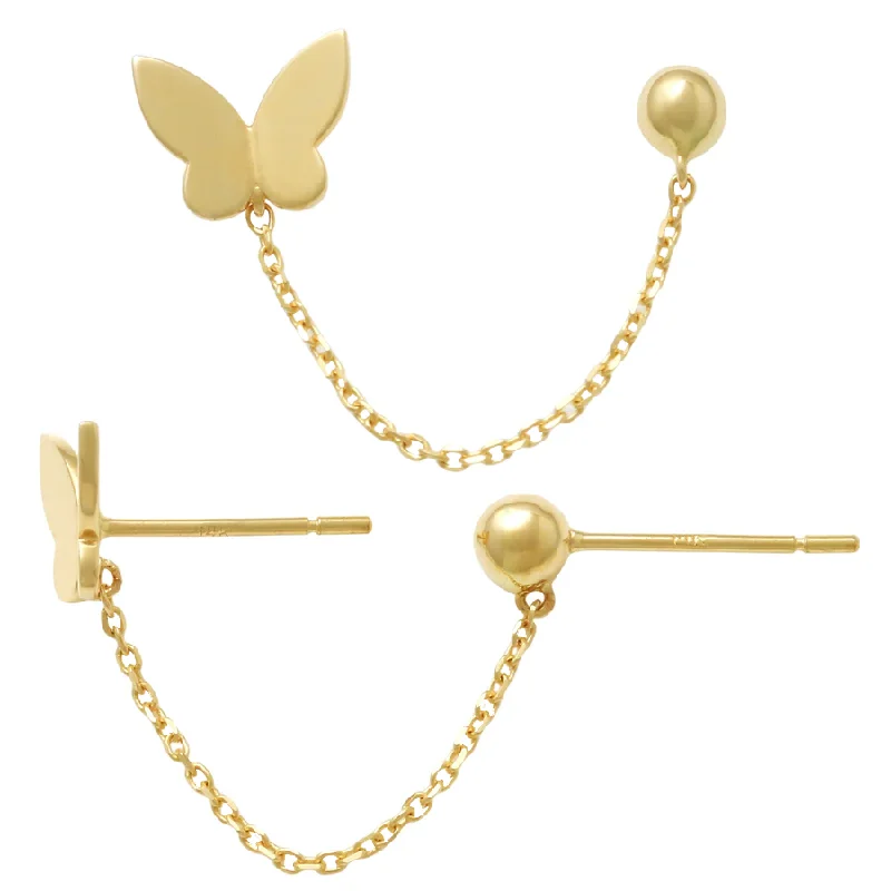 dangle earrings for women-Butterfly & Ball Chain Stud Earrings ( 14K )