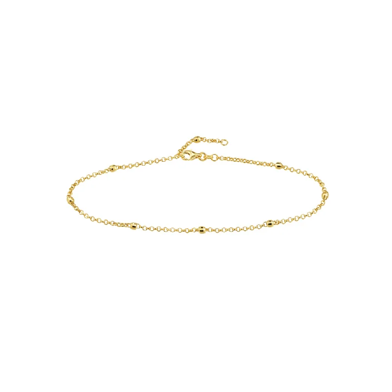 friendship bracelets and anklets for women-14K Yellow Gold Diamond Cut Bead Station Rolo Anklet