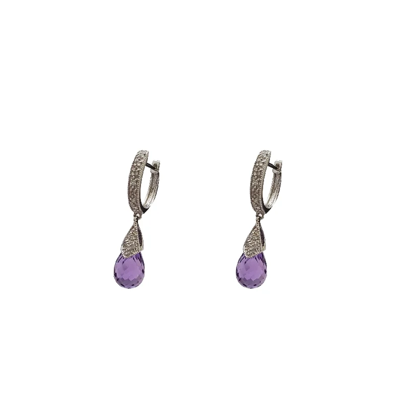 contemporary earrings for women-Rose-Cut Amethyst Drop Huggie Earrings (14K)