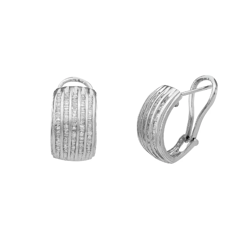 crystal earrings for women-Diamond Ridged Baguette Channel-Sets Omega-Back Earrings (14K)