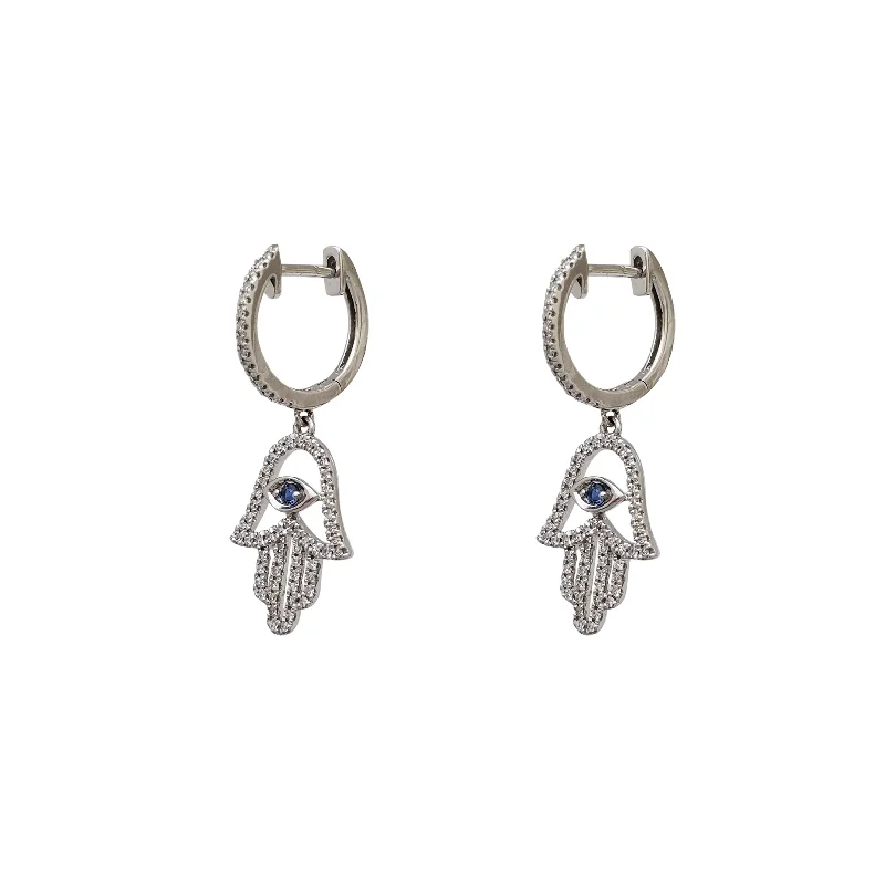 chandelier diamond earrings for women-Diamond Hamsa Dangling Huggie Earrings (14K)