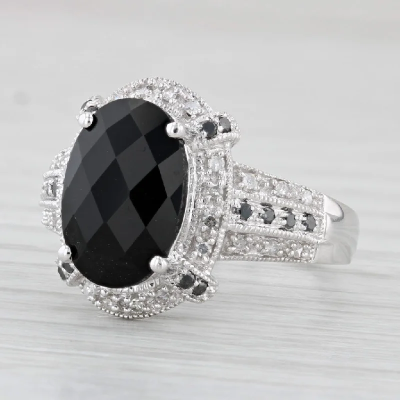 cushion-cut diamond engagement rings for women-Oval Onyx 0.18ctw Diamond Halo Ring 14k White Gold Size 7.25