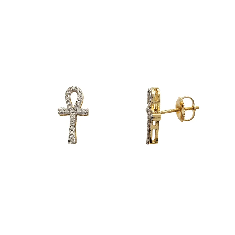 stacked earrings for women-Diamond Iced-Out Ankh Stud Earrings (10K)