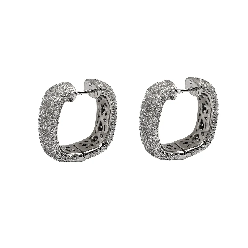 hoop stud earrings for women-Icy Puffy Square Hoop Earrings (Silver)