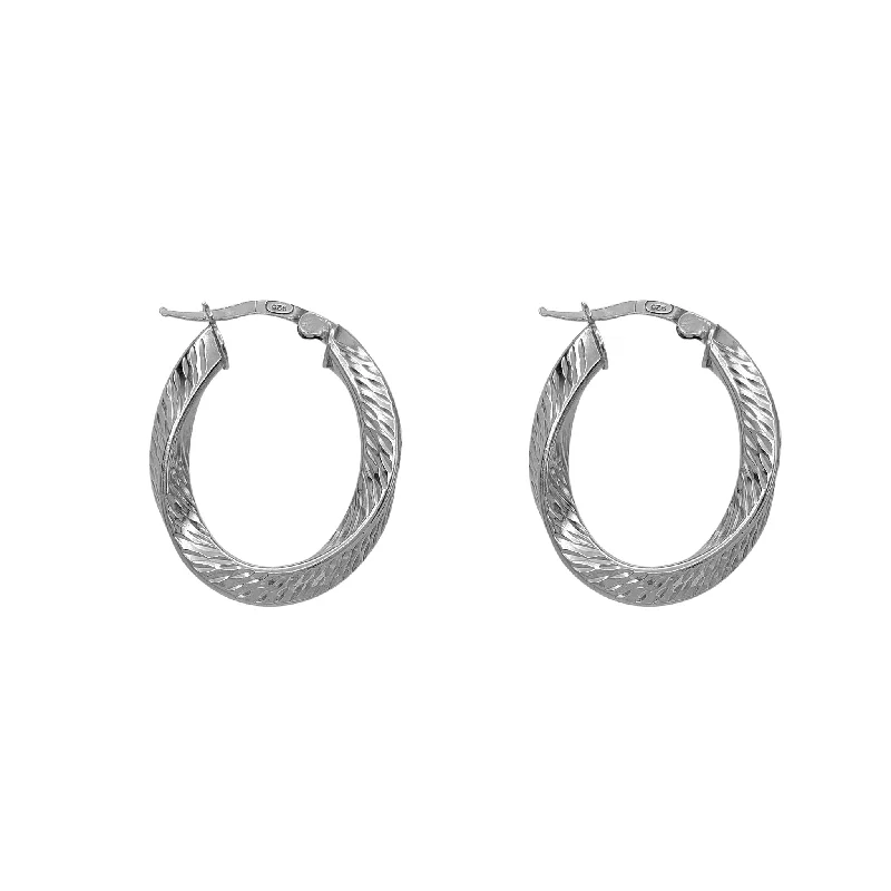 simple gold earrings for women-Twisted Diamond-cut Oval-Shape Hoop Earrings (Silver)