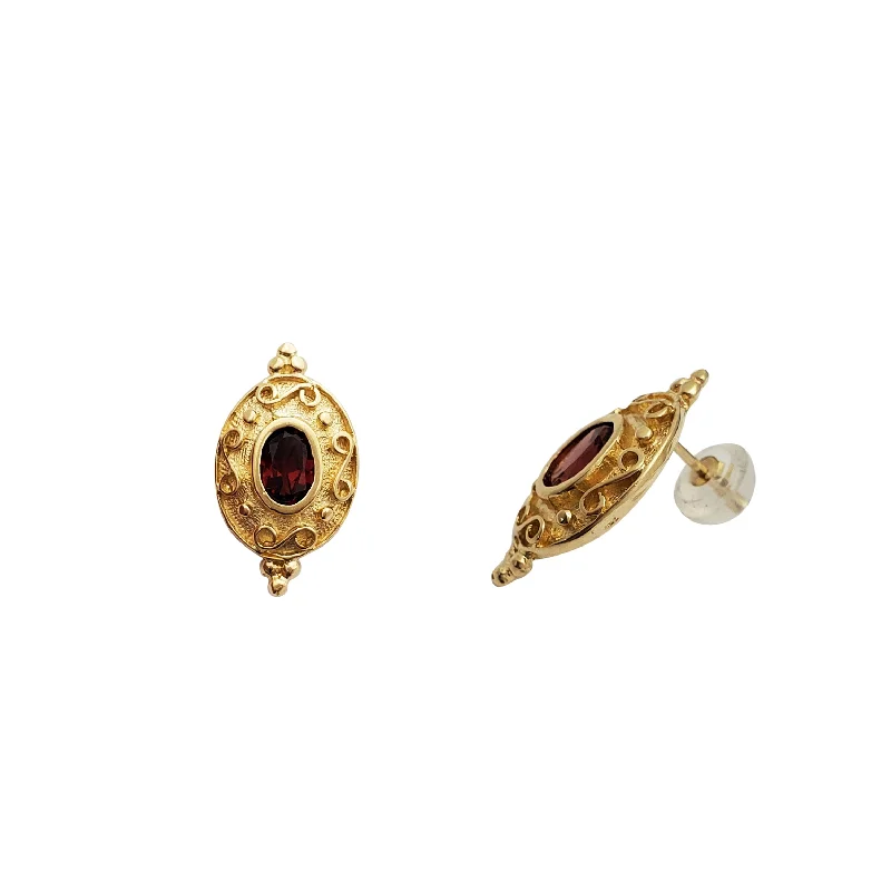 wedding earrings for women-Garnet Shield Stud Earrings (14K)