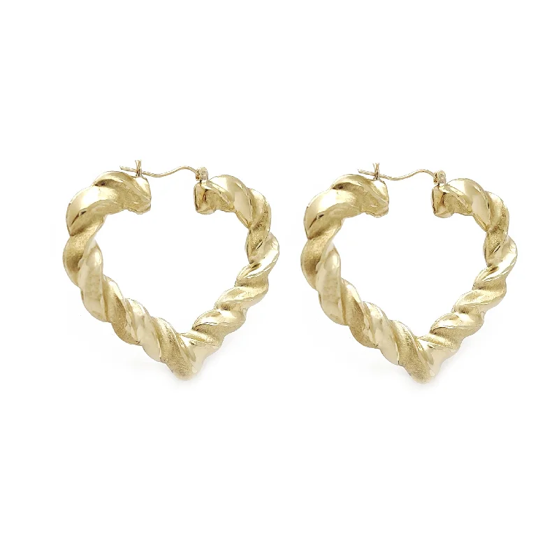 silver earrings for women-Twisted Heart Shaped Bamboo Style Earrings (10K)