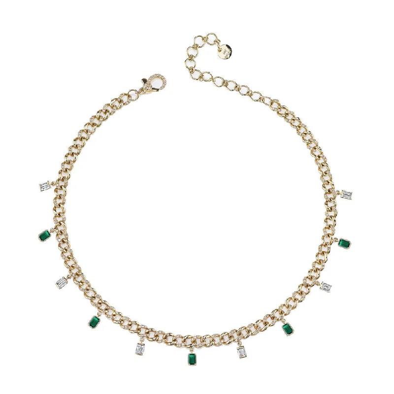 exotic anklets for women-DIAMOND & EMERALD BAGUETTE DROP LINK ANKLET