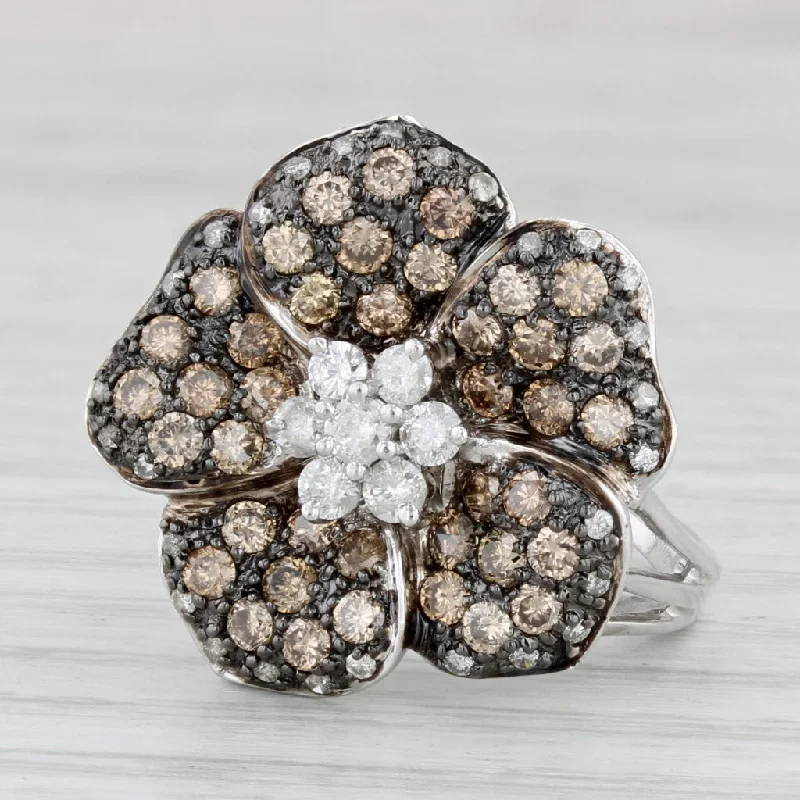 antique-style engagement rings for women-1.33ctw Champagne White Diamond Flower Ring 14k White Gold Size 7.25 Cocktail