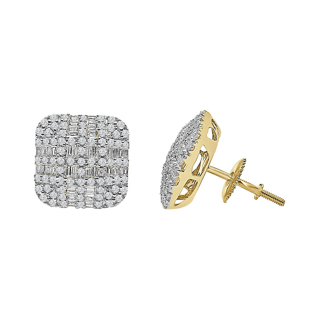 vintage drop earrings for women-Diamond Baguettes & Round Cluster Square Stud Earrings (14K)