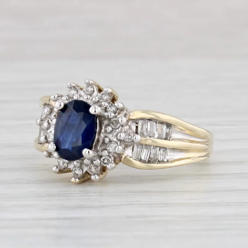 simple yet elegant engagement rings for women-1.006ctw Oval Blue Sapphire Diamond Halo Ring 10k Yellow Gold Size 7.25