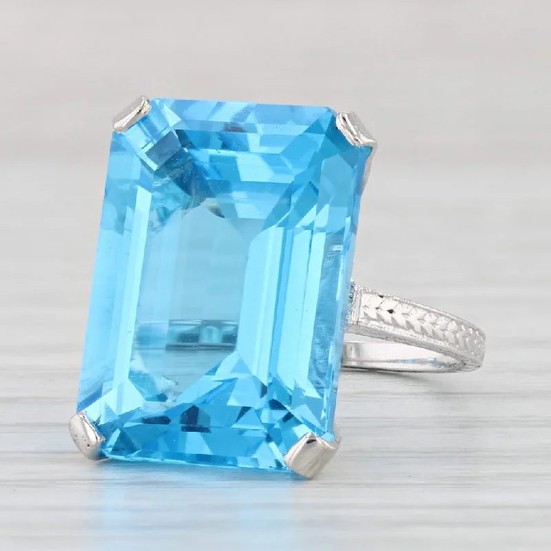 engagement rings with matching wedding bands for women-Vintage 19.70ct Blue Topaz Ring 18k White Gold Size 4.5 Emerald Cut Solitaire