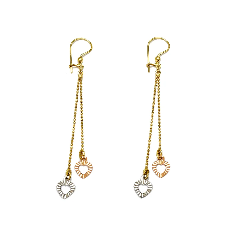 personalized earrings for women-Tricolor Two-Hearts & Ball Drop Earrings (14K)