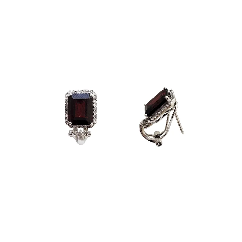 engagement earrings for women-Diamond Halo Emerald-Cut Garnet Earrings (14K)