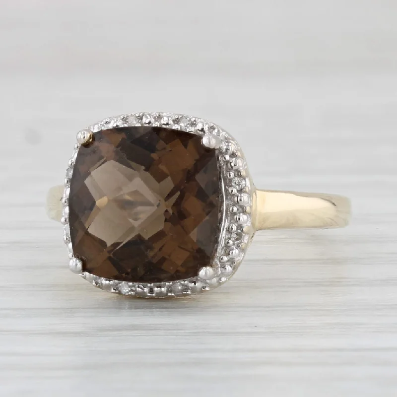 statement engagement rings for women-4.20ct Smoky Quartz Diamond Halo Ring 10k Yellow Gold Size 7