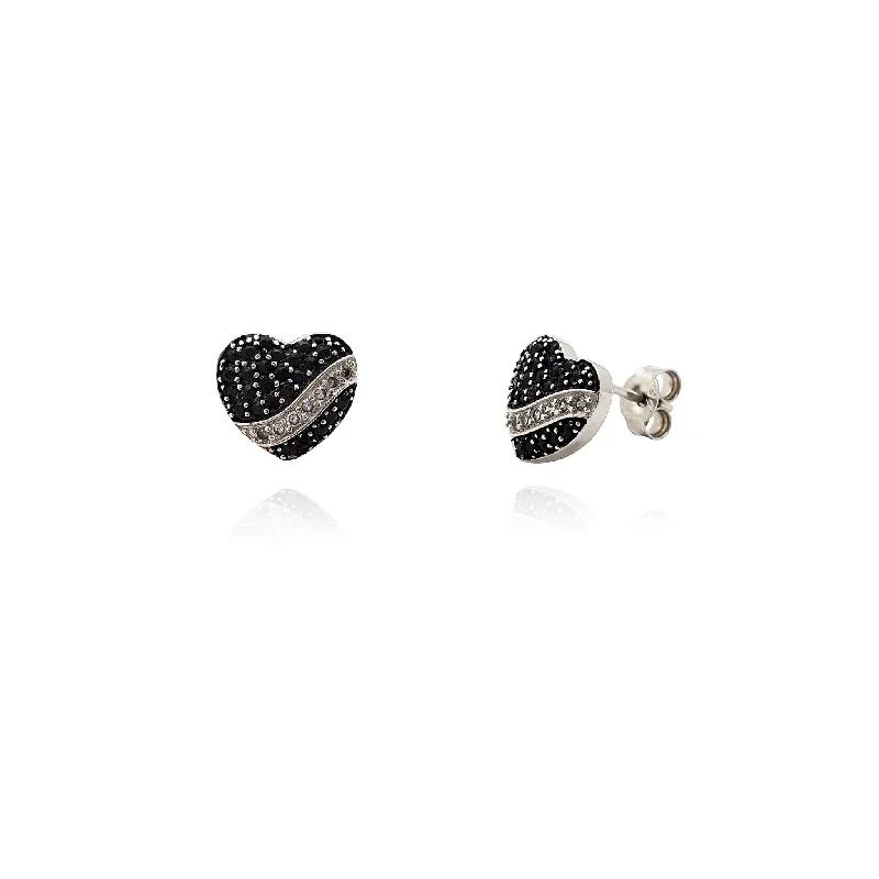 vintage earrings for women-Iced Monochrome Heart Stud Earrings (Silver)